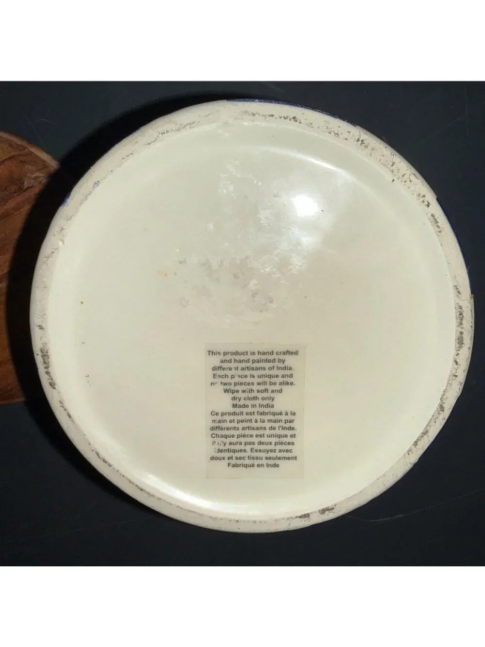 Blue & White Checked Round Ceramic  Canister w/ Acacia Wood Lid, 1 Qt